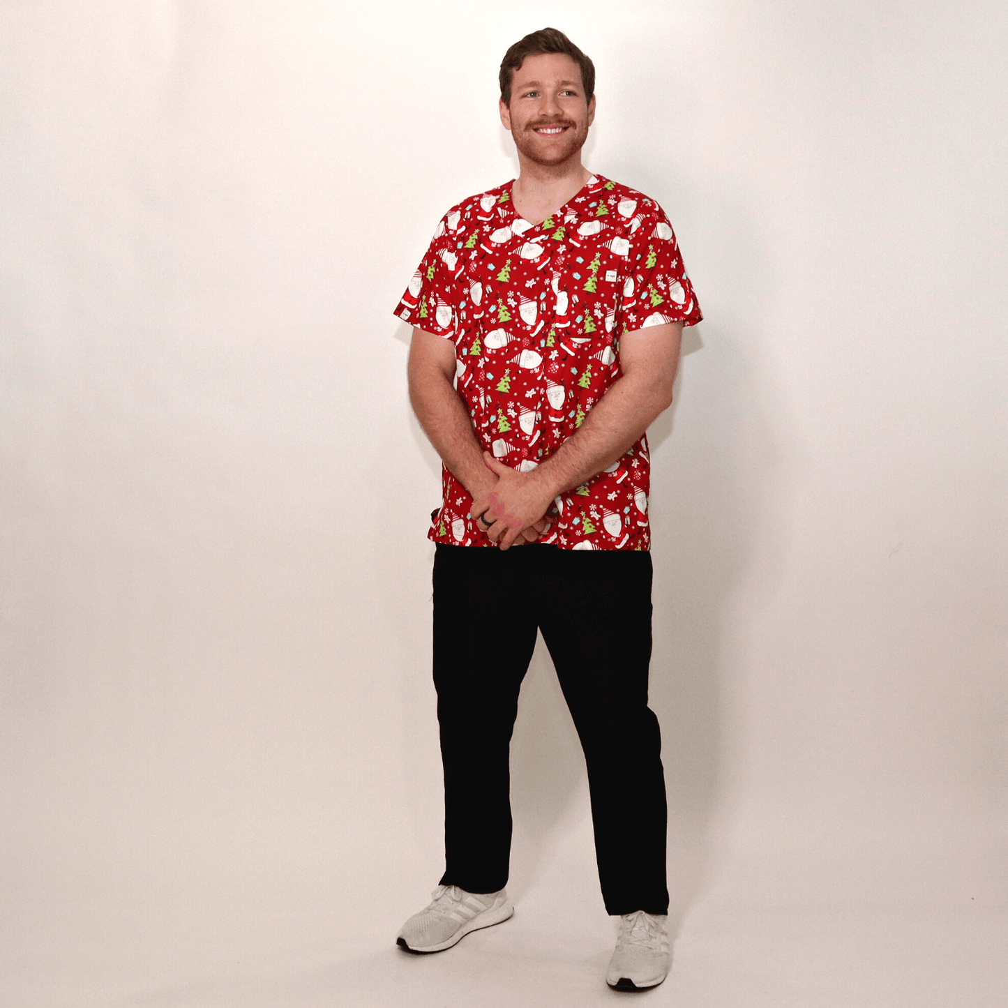 Men's Red Santa Cotton Christmas Scrub Top