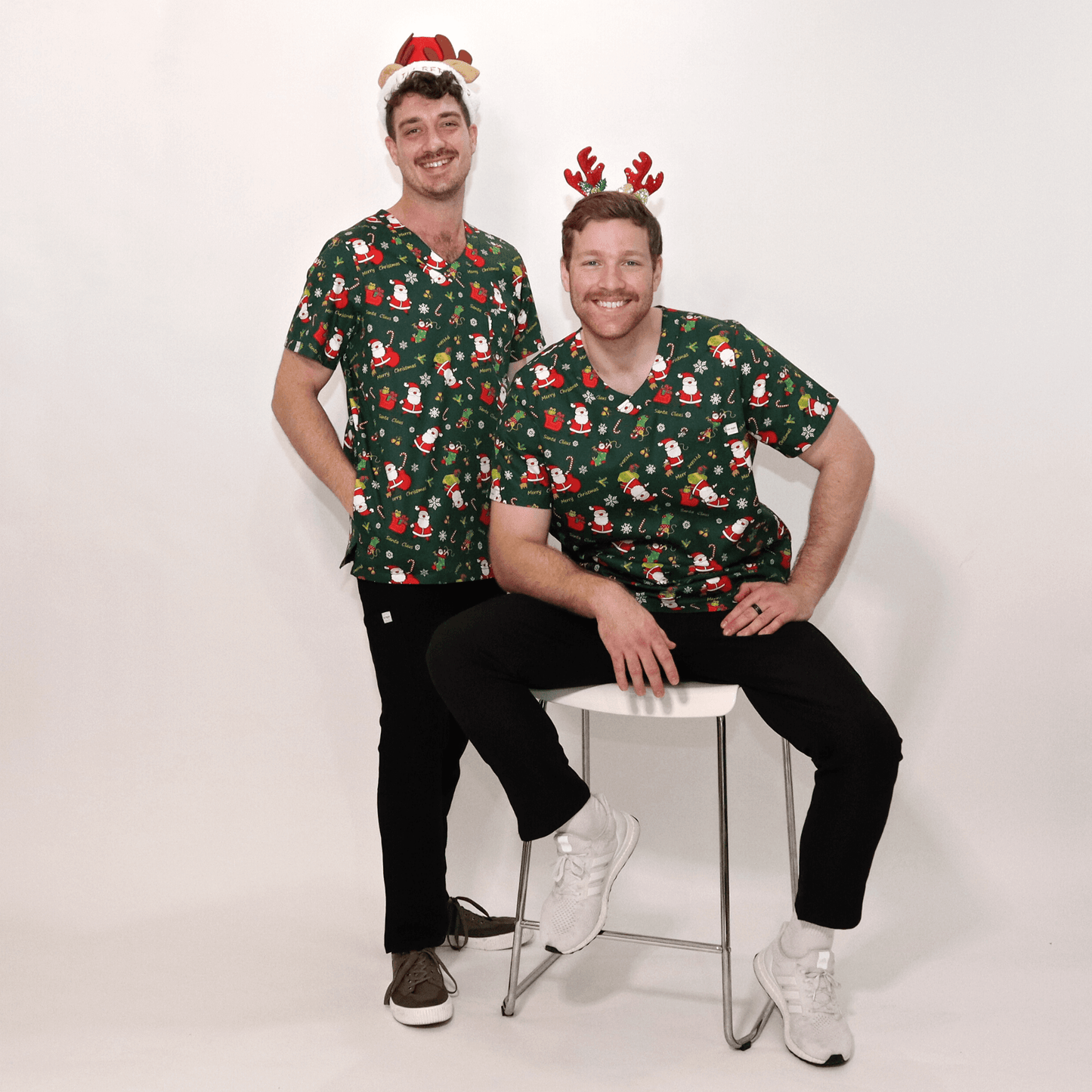 Men's Green Santa Cotton Christmas Scrub Top