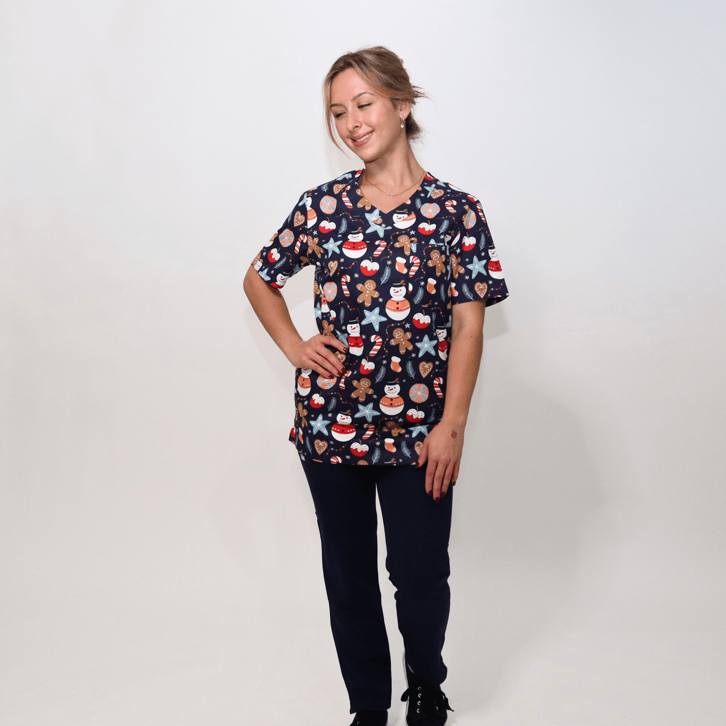 Women's Navy Snowman Cotton Christmas Scrub Top