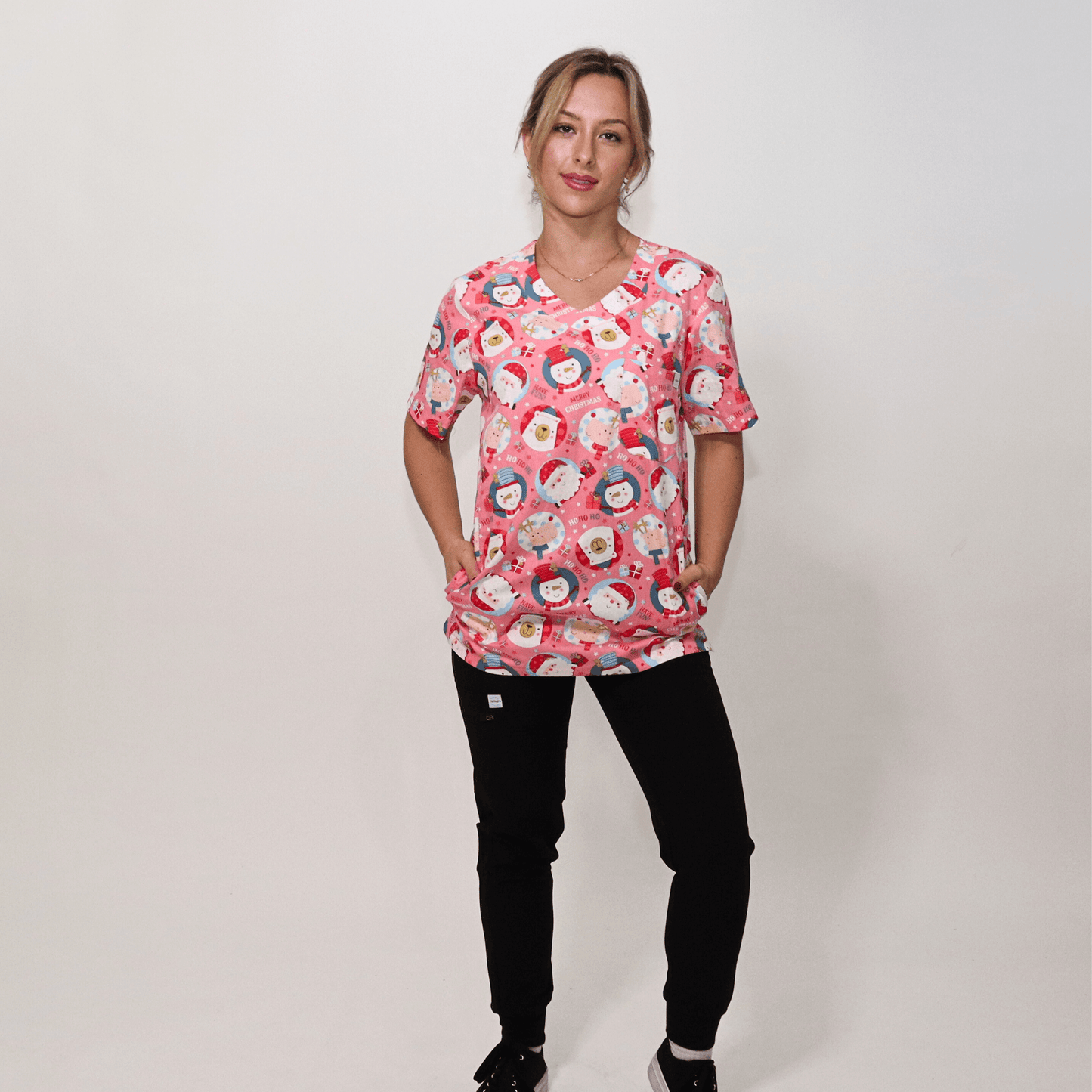 Women's Pink Snowman Cotton Christmas Scrub Top