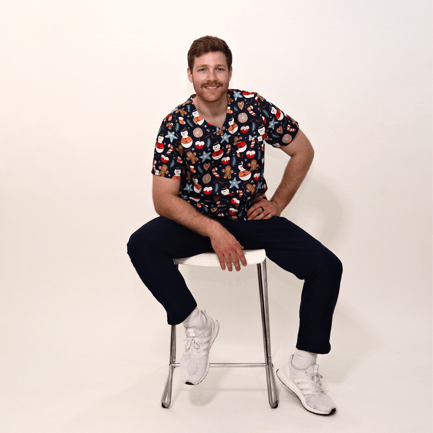 Men's Navy Snowman Cotton Christmas Scrub Top