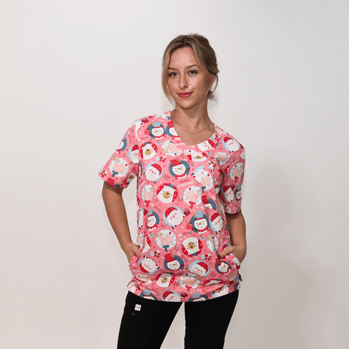 Women's Pink Snowman Cotton Christmas Scrub Top