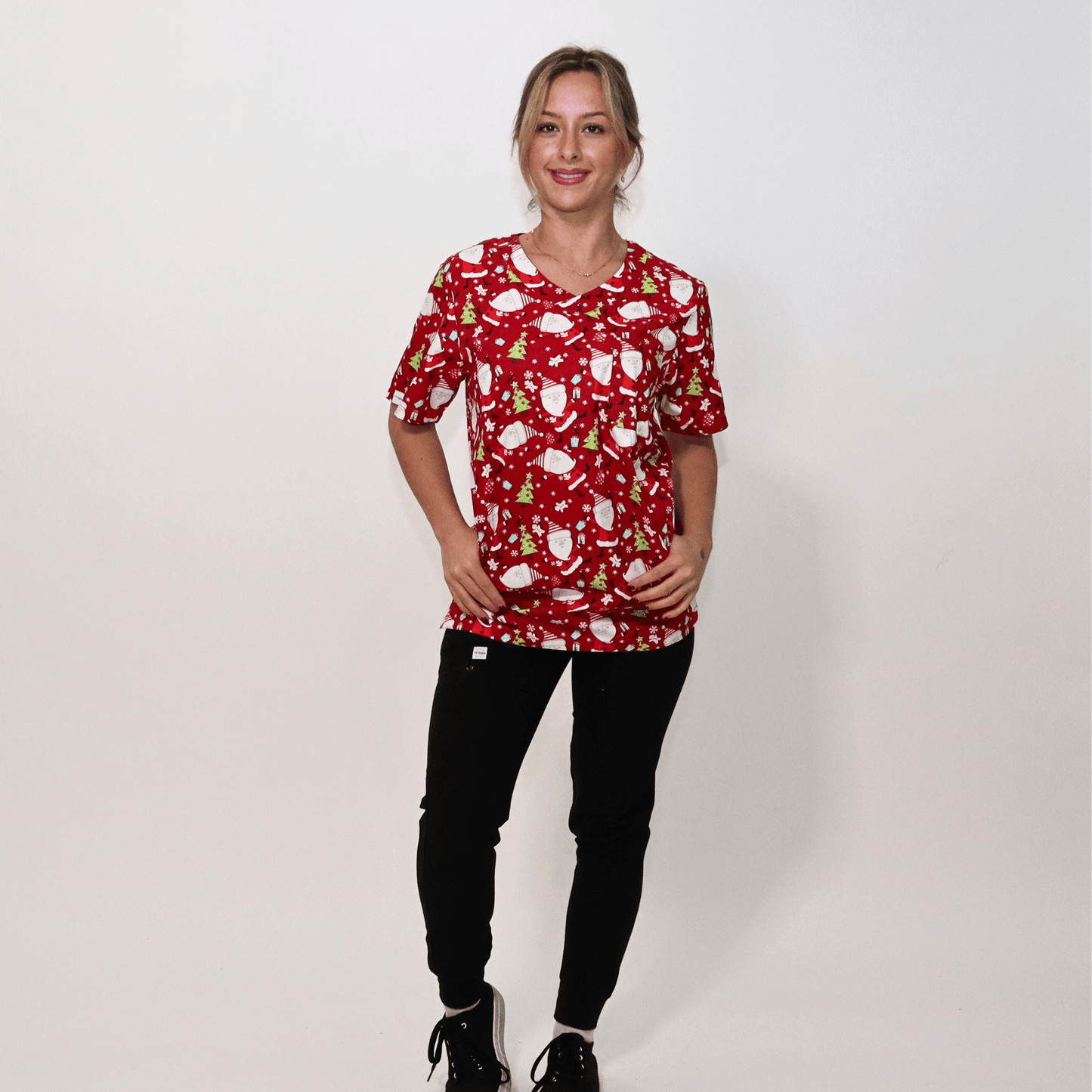 Women's Red Santa Cotton Christmas Scrub Top