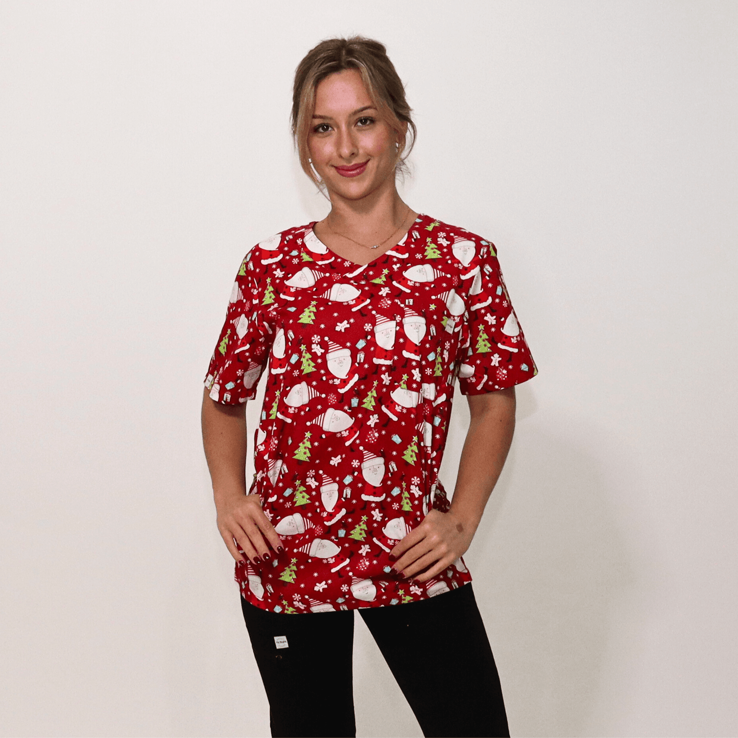 Women's Red Santa Cotton Christmas Scrub Top