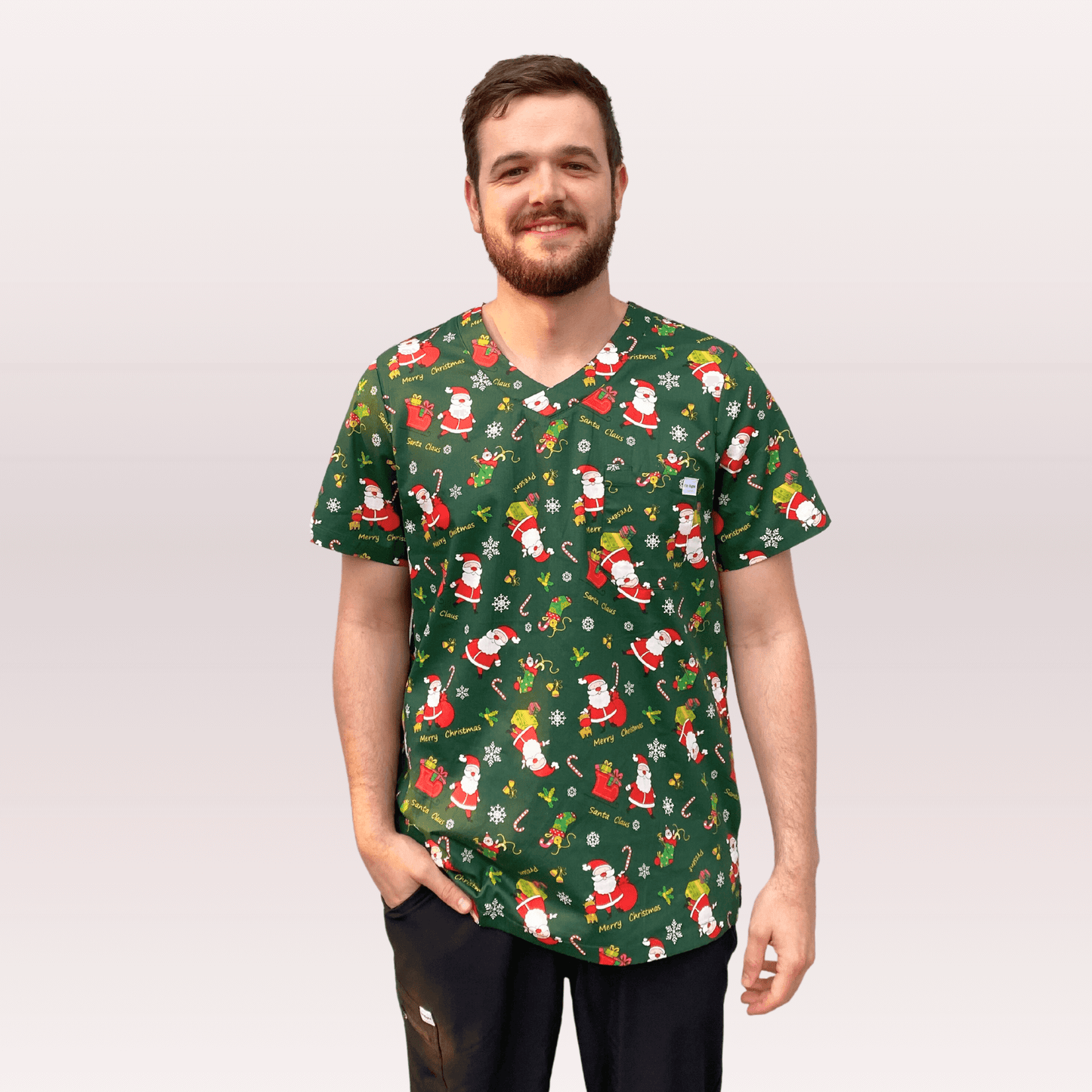 Men's Green Santa Cotton Christmas Scrub Top