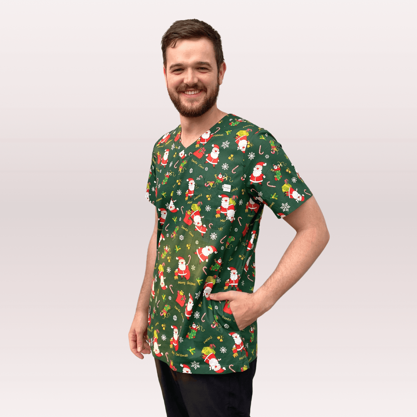 Men's Green Santa Cotton Christmas Scrub Top
