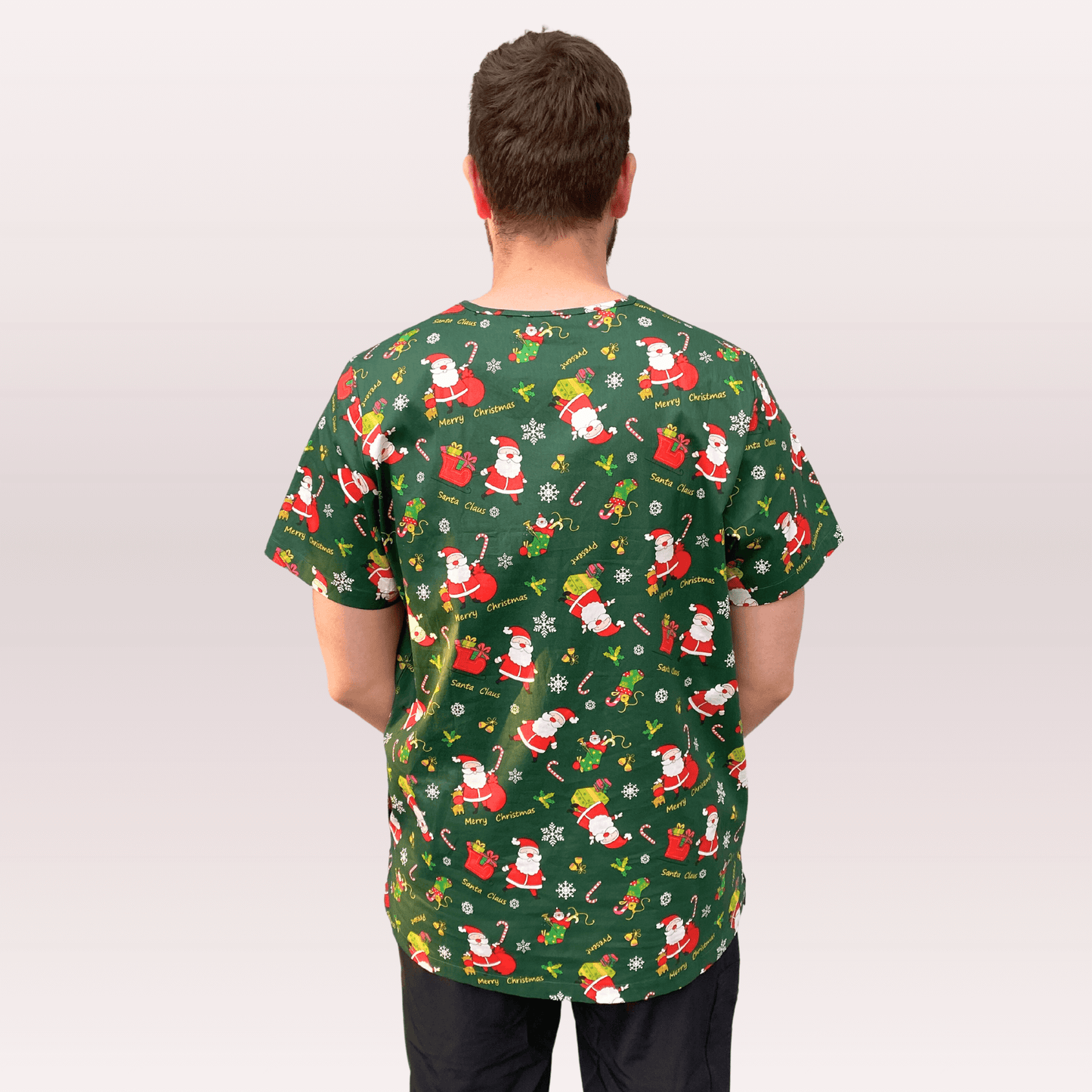 Men's Green Santa Cotton Christmas Scrub Top
