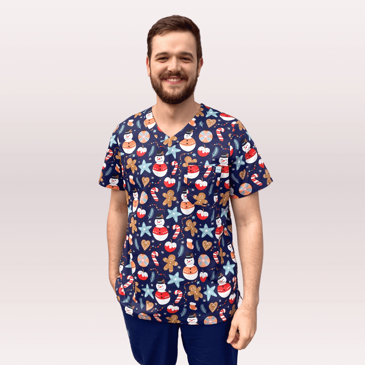 Men's Navy Snowman Cotton Christmas Scrub Top