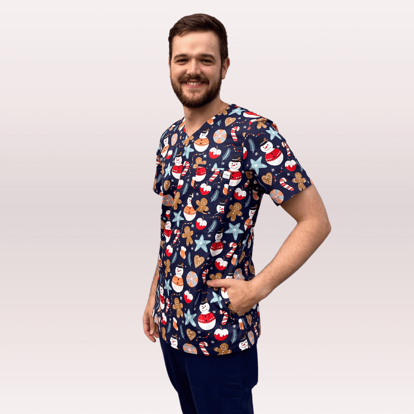 Men's Navy Snowman Cotton Christmas Scrub Top