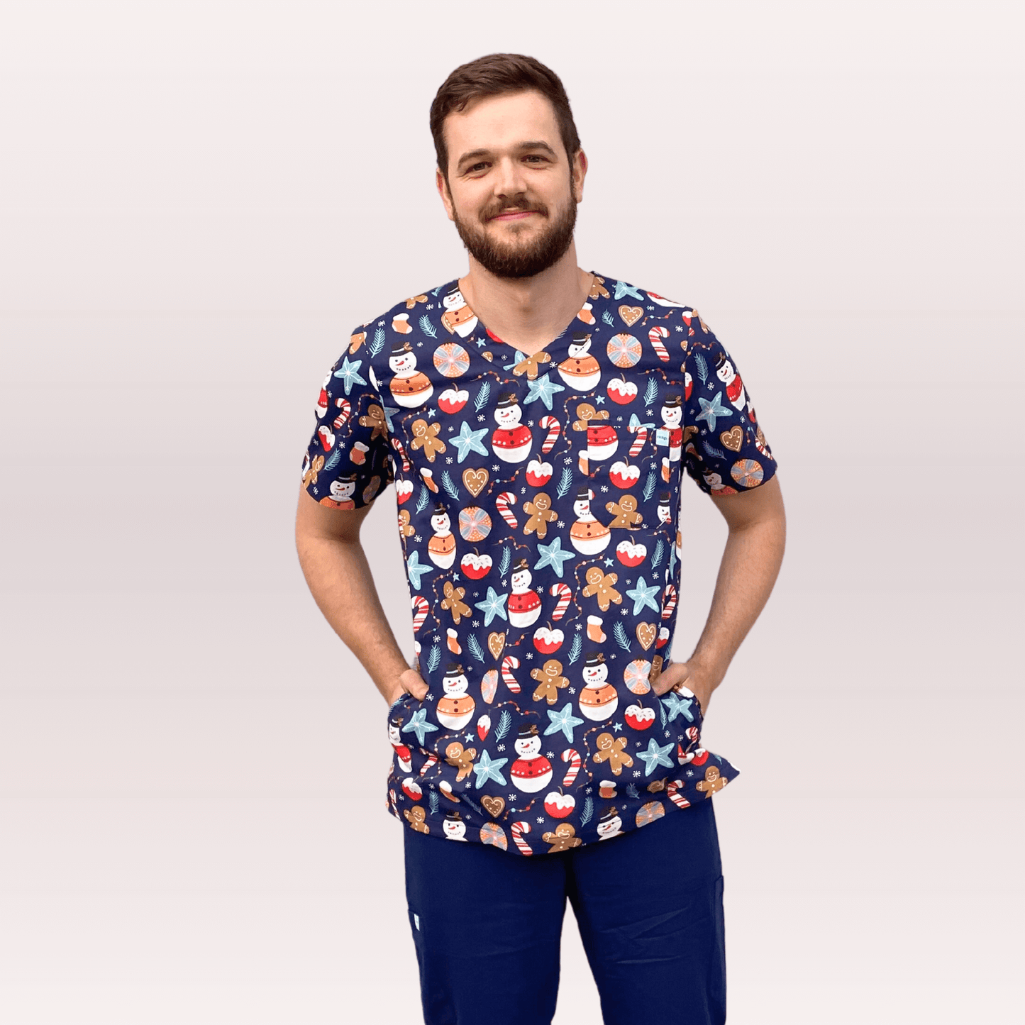 Men's Navy Snowman Cotton Christmas Scrub Top