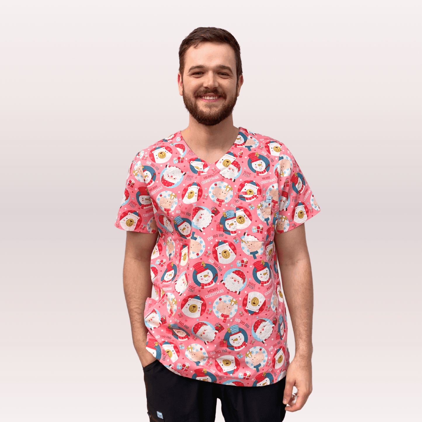 Men's Pink Snowman Cotton Christmas Scrub Top