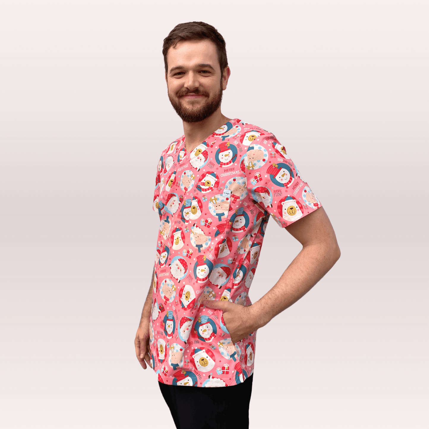 Men's Pink Snowman Cotton Christmas Scrub Top