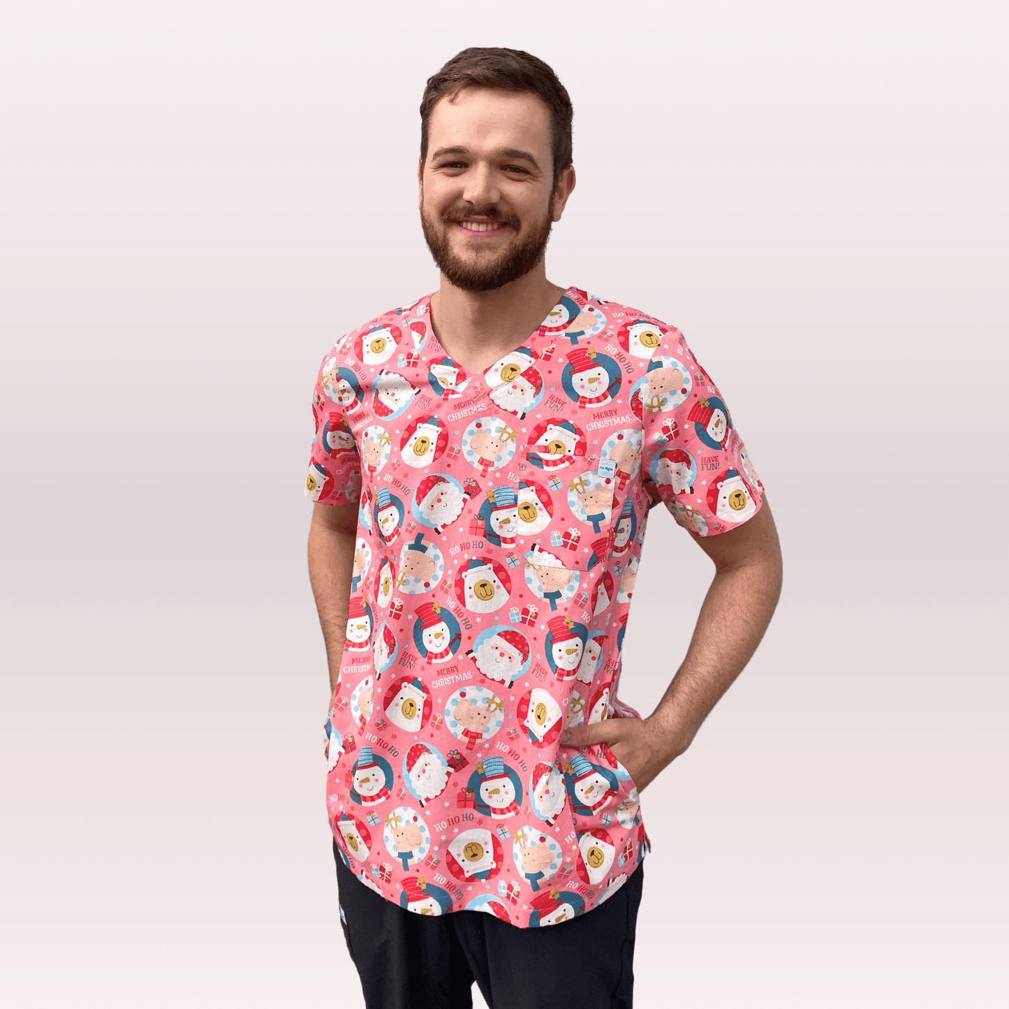 Men's Pink Snowman Cotton Christmas Scrub Top