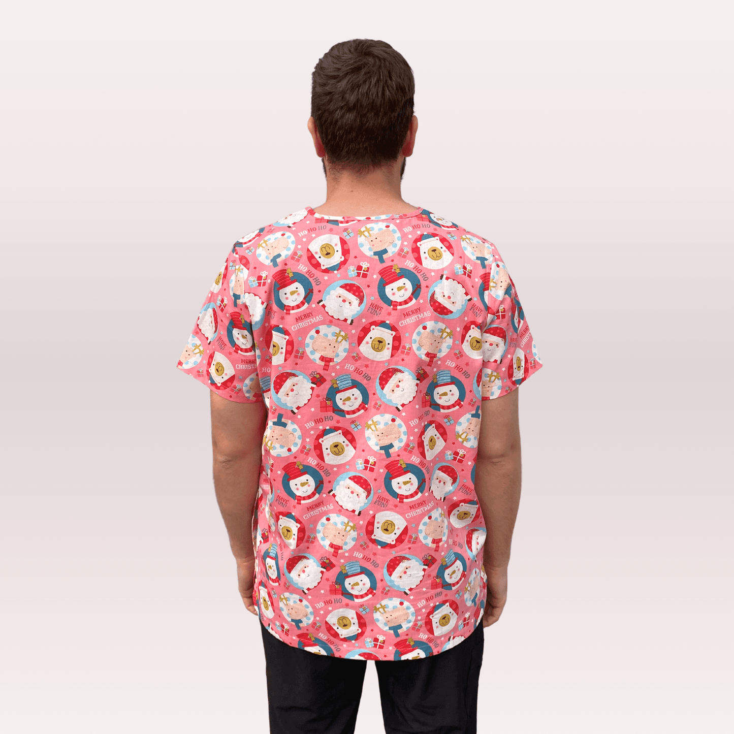 Men's Pink Snowman Cotton Christmas Scrub Top