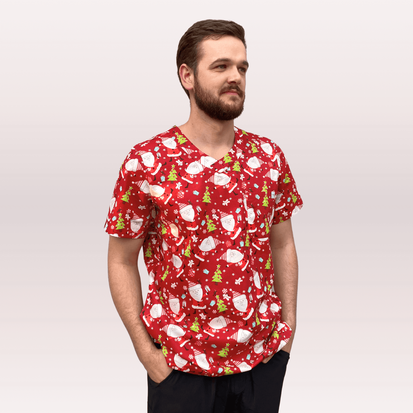Men's Red Santa Cotton Christmas Scrub Top
