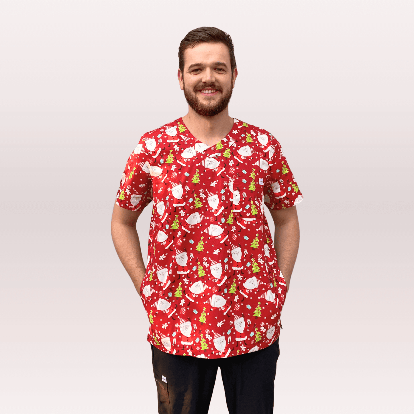 Men's Red Santa Cotton Christmas Scrub Top