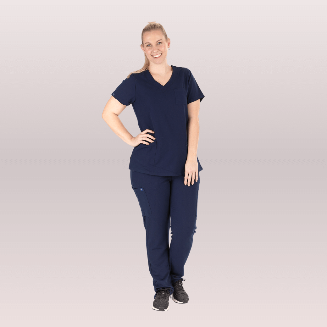 Nurses wearing Navy Scrub Pants from Fit Right Medical Scrubs