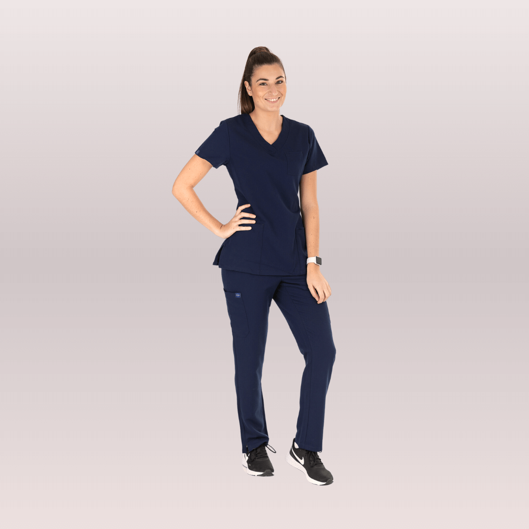 Nurses wearing Navy Scrub Pants from Fit Right Medical Scrubs