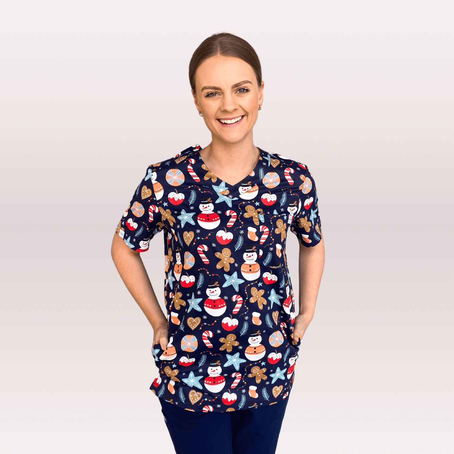 Women's Navy Snowman Cotton Christmas Scrub Top