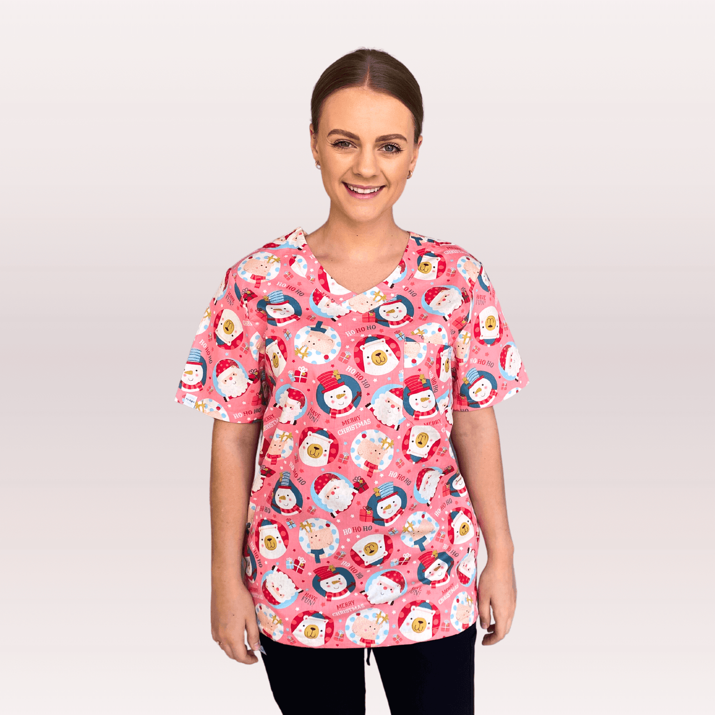 Women's Pink Snowman Cotton Christmas Scrub Top