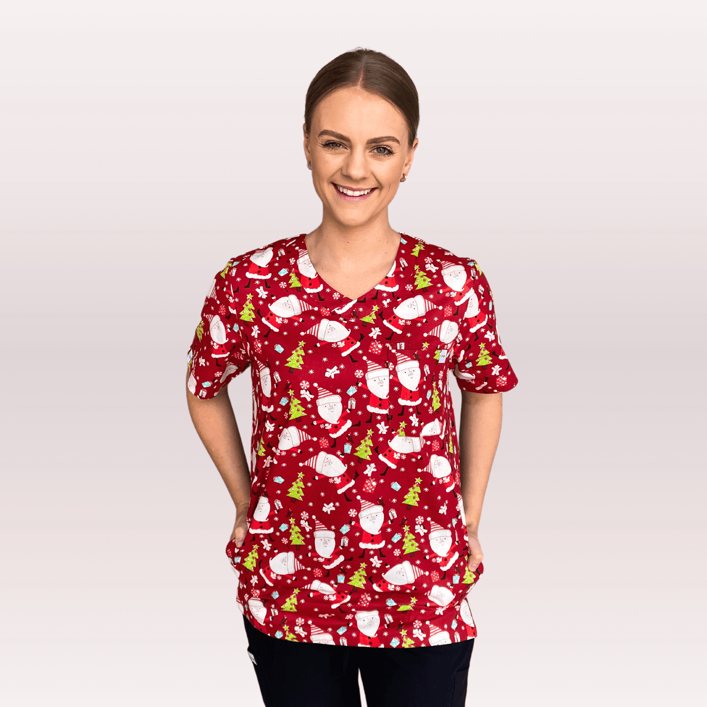 Women's Red Santa Cotton Christmas Scrub Top
