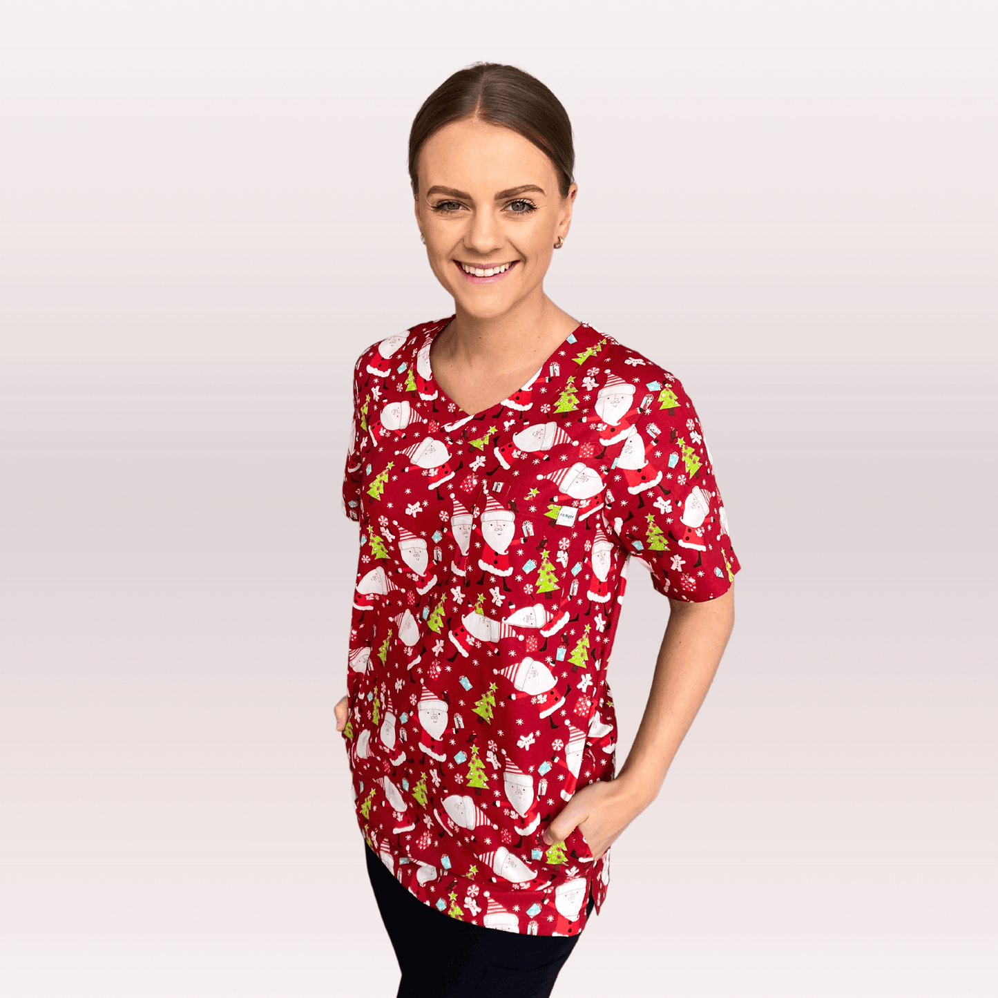 Women's Red Santa Cotton Christmas Scrub Top