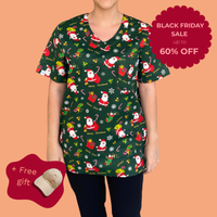 Green Santa Cotton Christmas Scrub Top