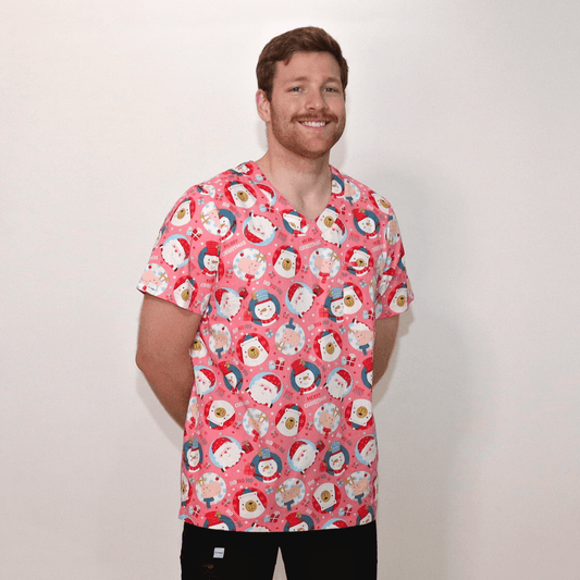 Men's Pink Snowman Cotton Christmas Scrub Top