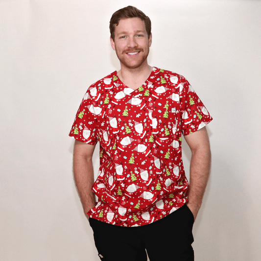 Men's Red Santa Cotton Christmas Scrub Top