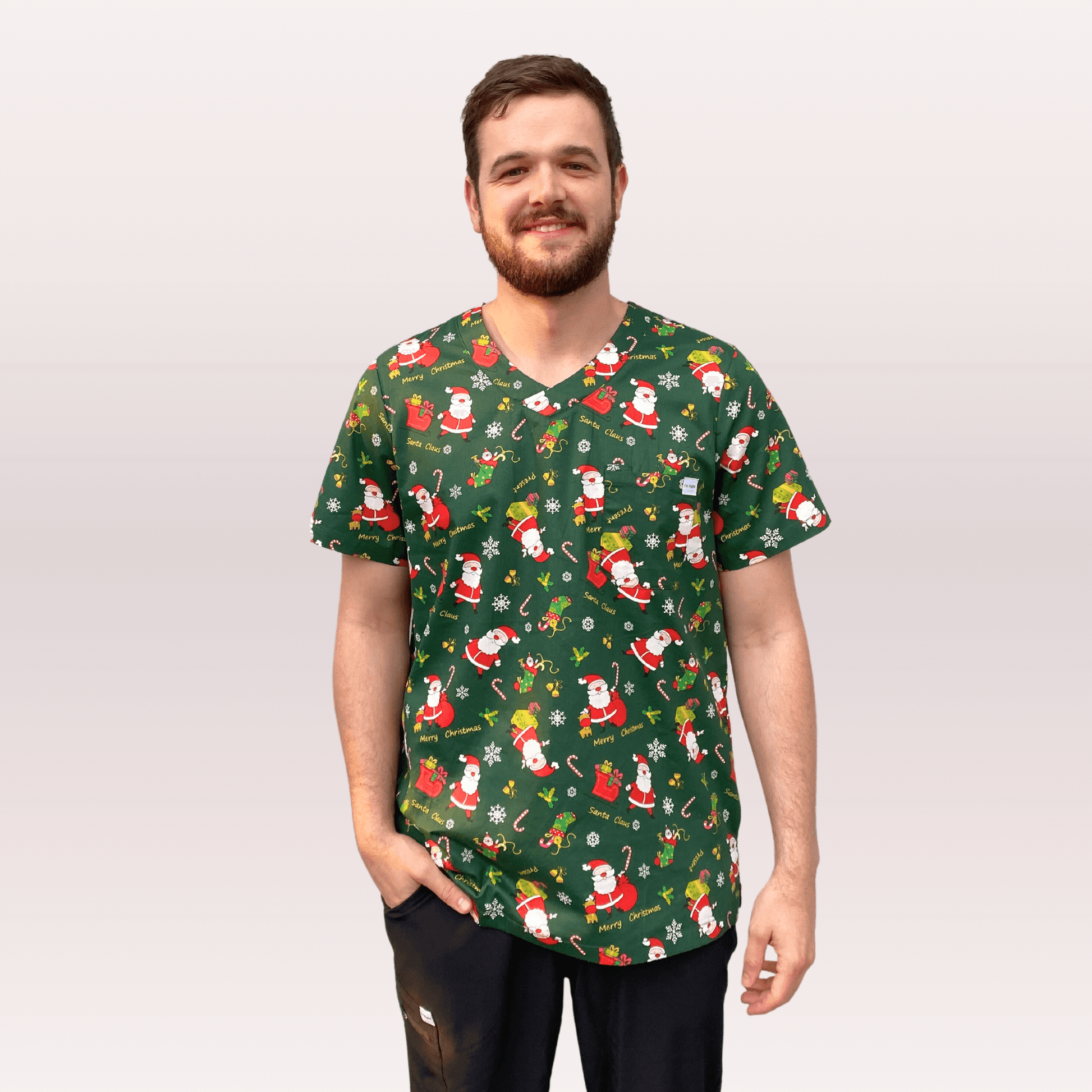 Men s Green Santa Cotton Christmas Scrub Top