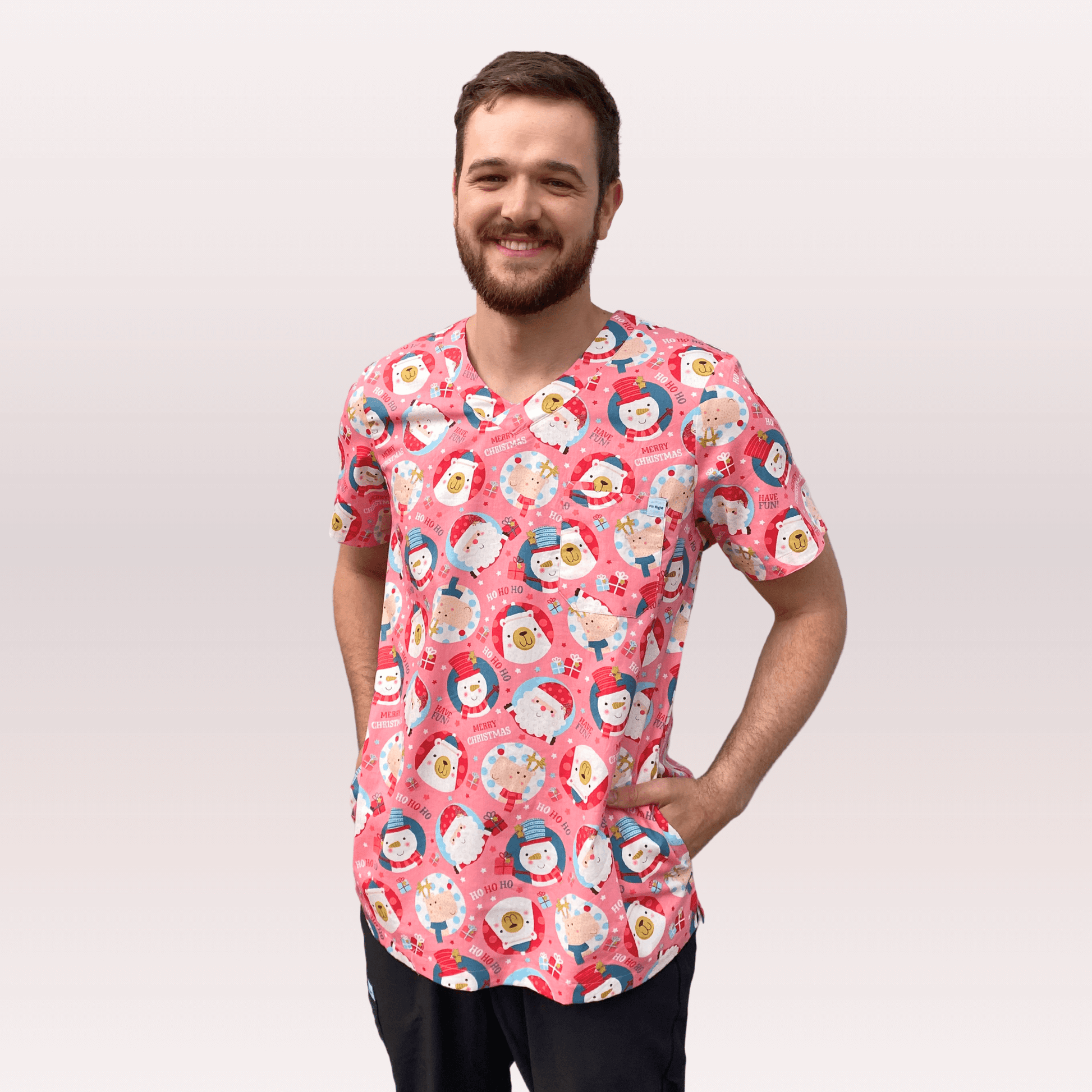 Men s Pink Snowman Cotton Christmas Scrub Top