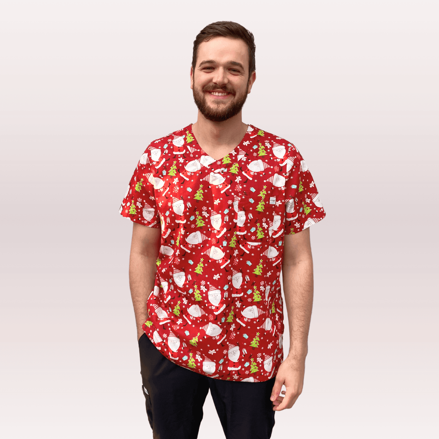 Men's Red Santa Cotton Christmas Scrub Top