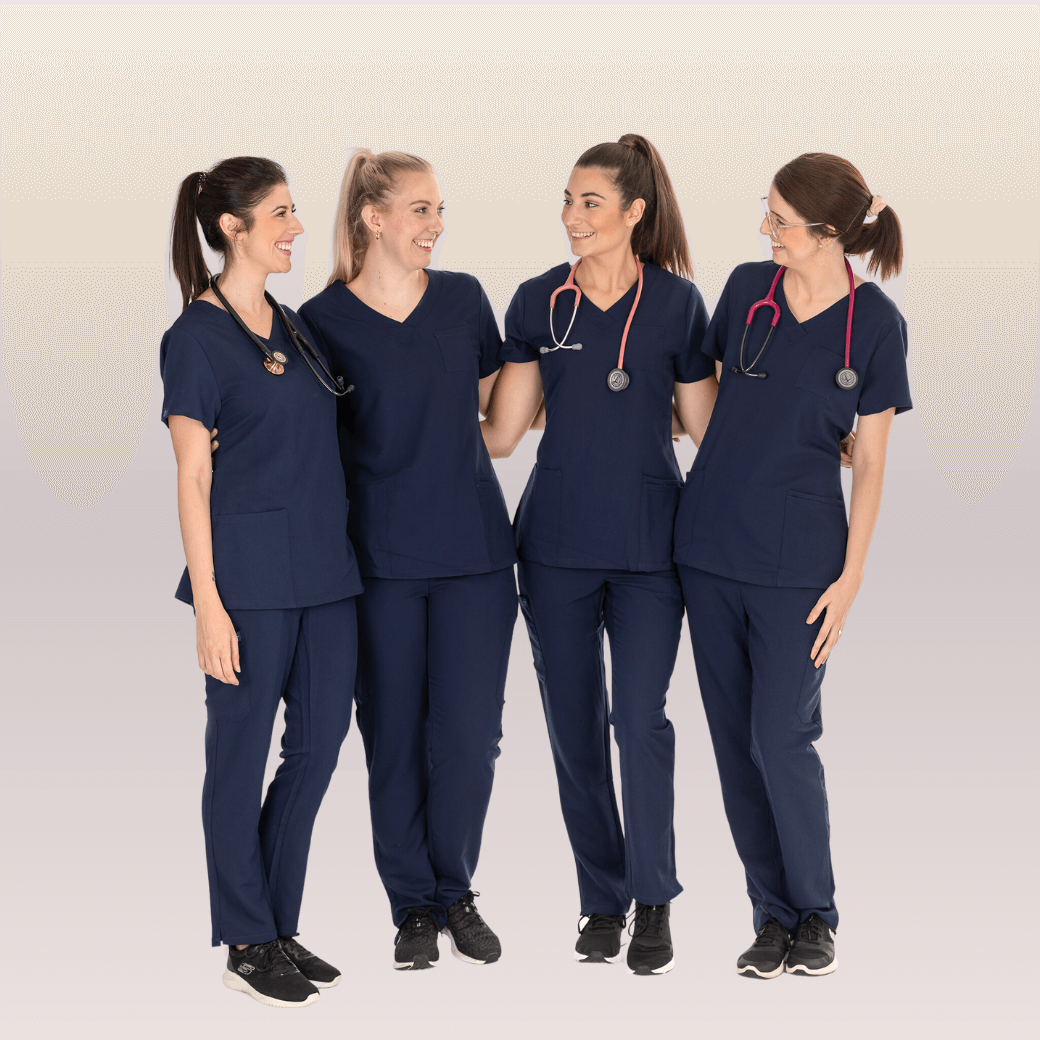 Nurses wearing Navy Scrub Pants from Fit Right Medical Scrubs