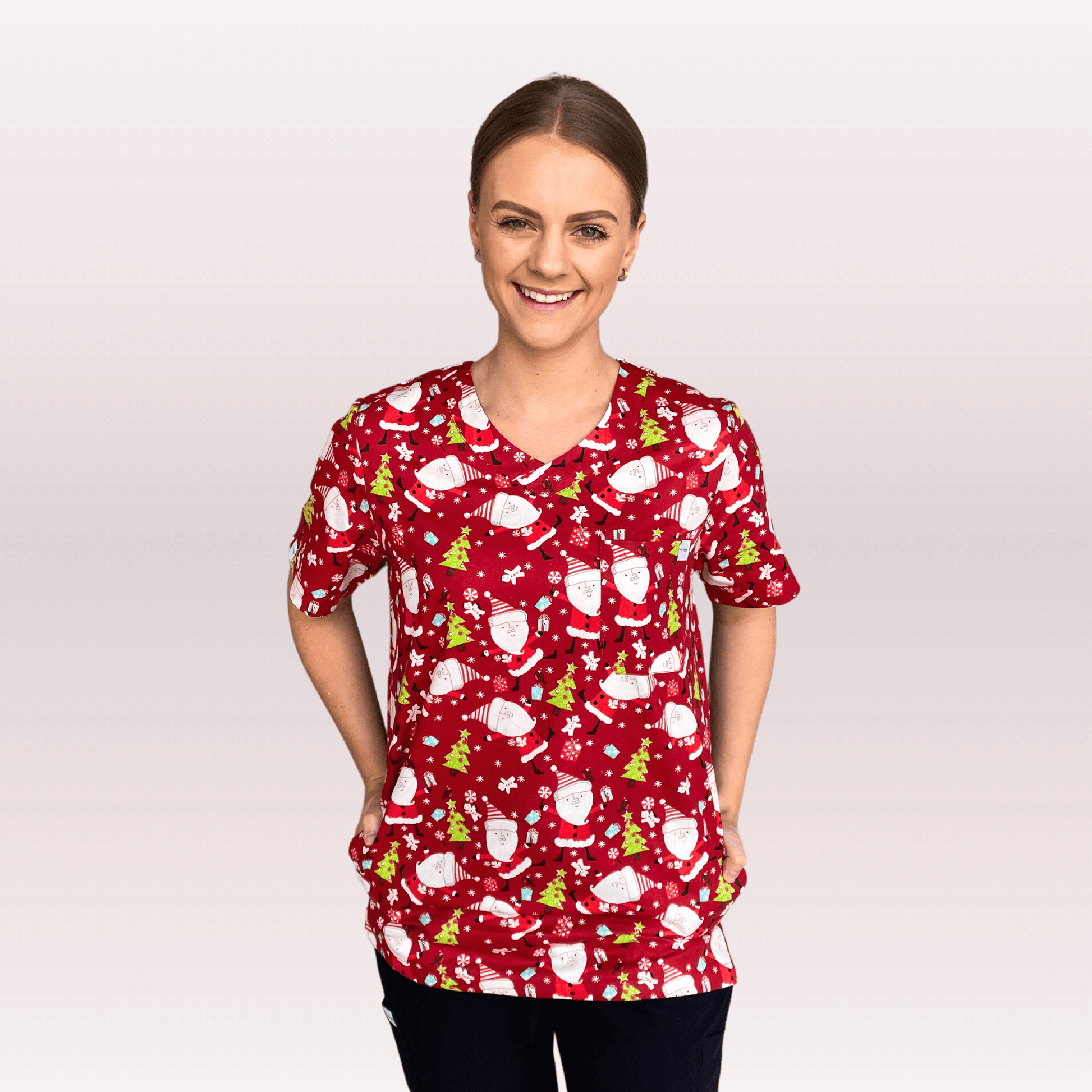 Women s Red Santa Cotton Christmas Scrub Top