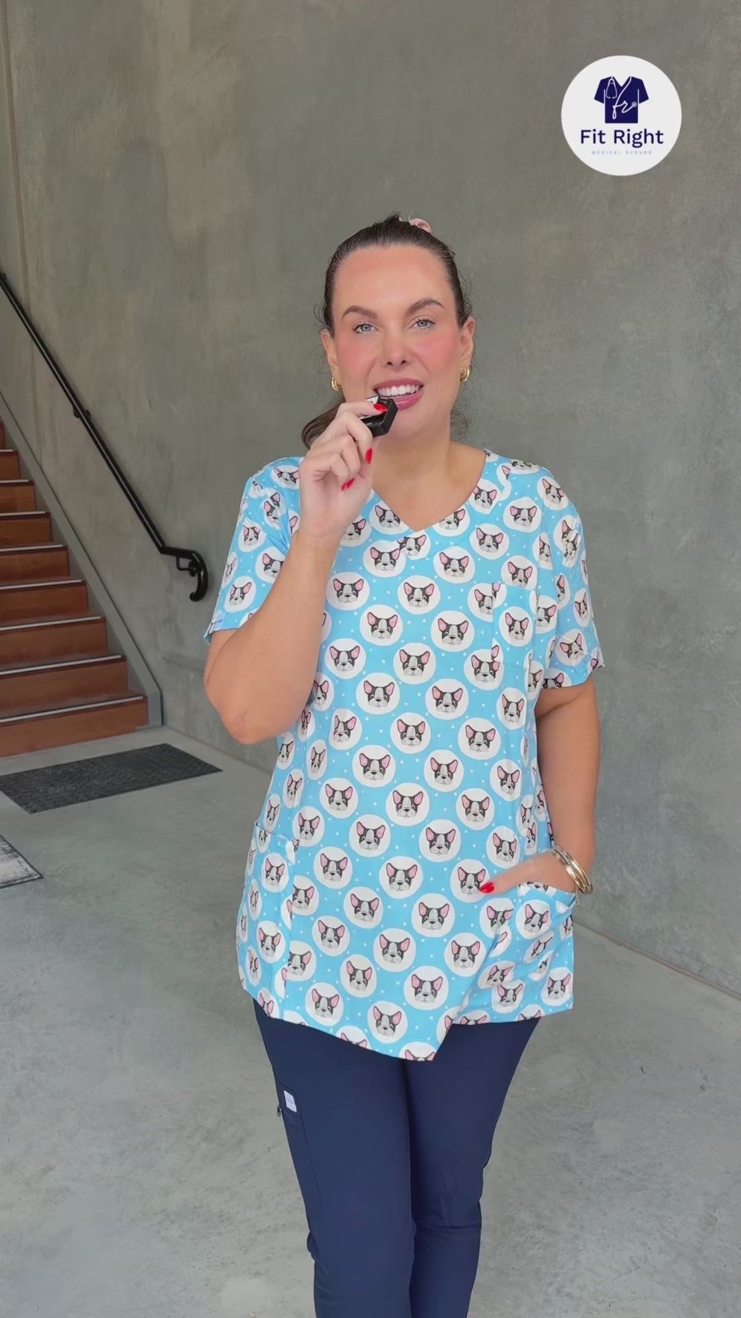 Founder talking about the blue bulldogs scrub top made from 100% cotton and available online now from Fit Right Medical Scrubs.