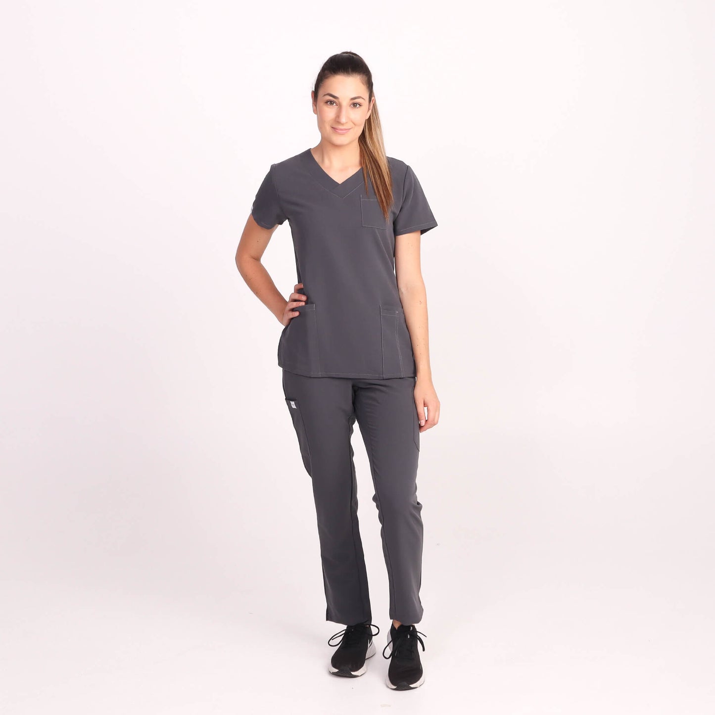 Nurse wearing Charcoal/Grey Medical Scrub Set by Fit Right Medical Scrubs. Available online near you today.