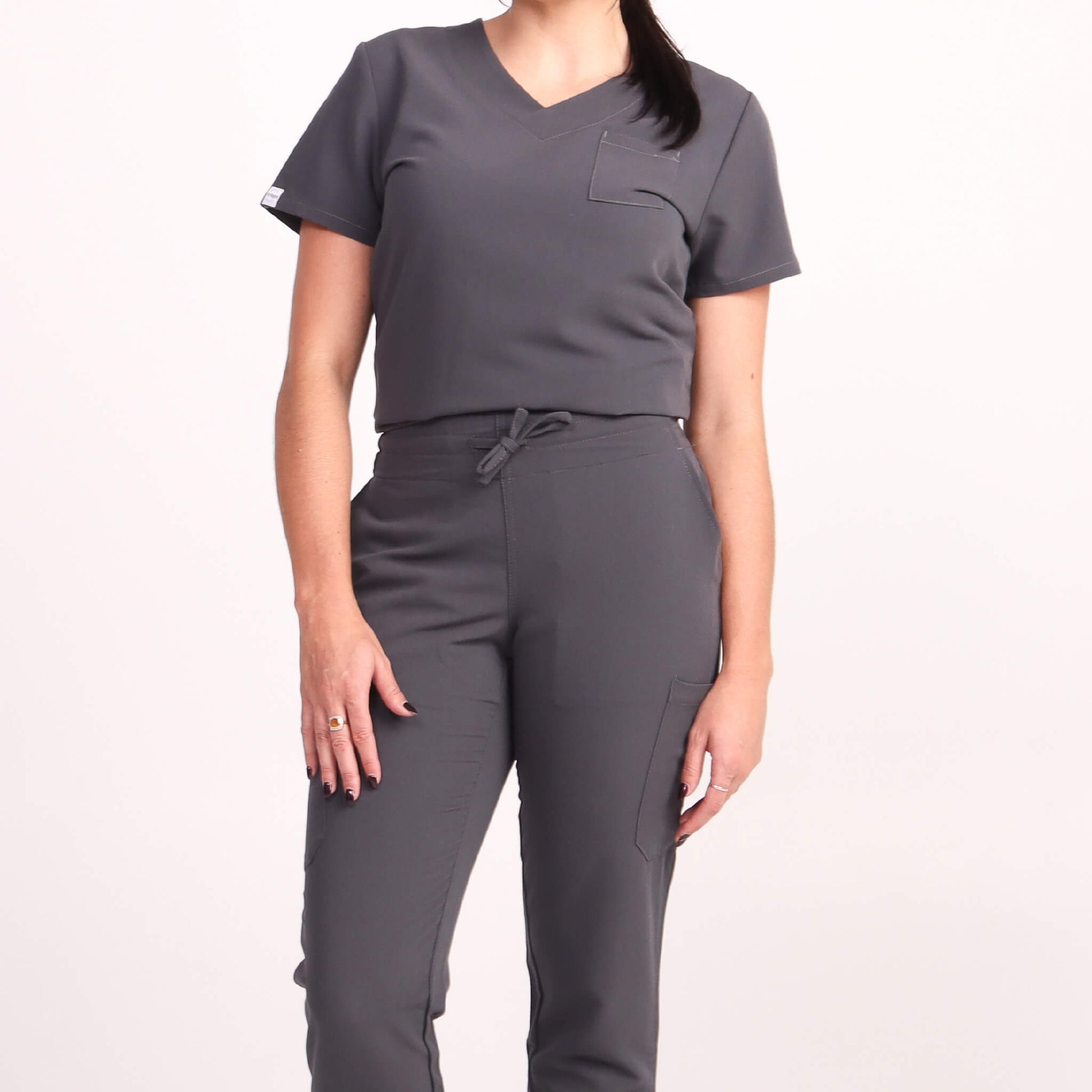 Nurse wearing Charcoal/Grey Medical Scrub Set by Fit Right Medical Scrubs. Available online near you today.