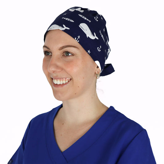 Fit Right Medical Scrubs Medical Scrub Cap in Navy Whale Print