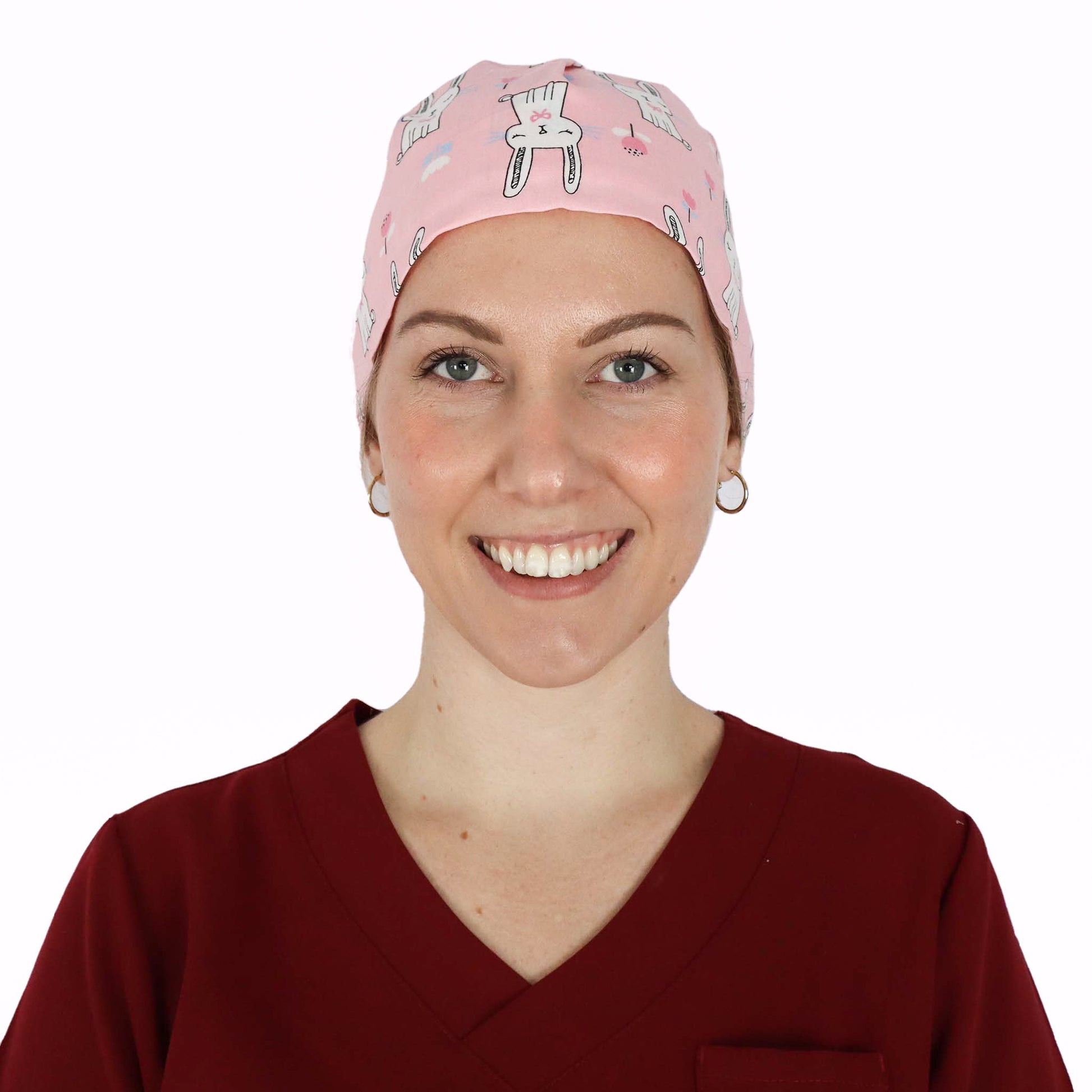Fit Right Medical Scrubs Medical Scrub Cap in Pink Bunny Print