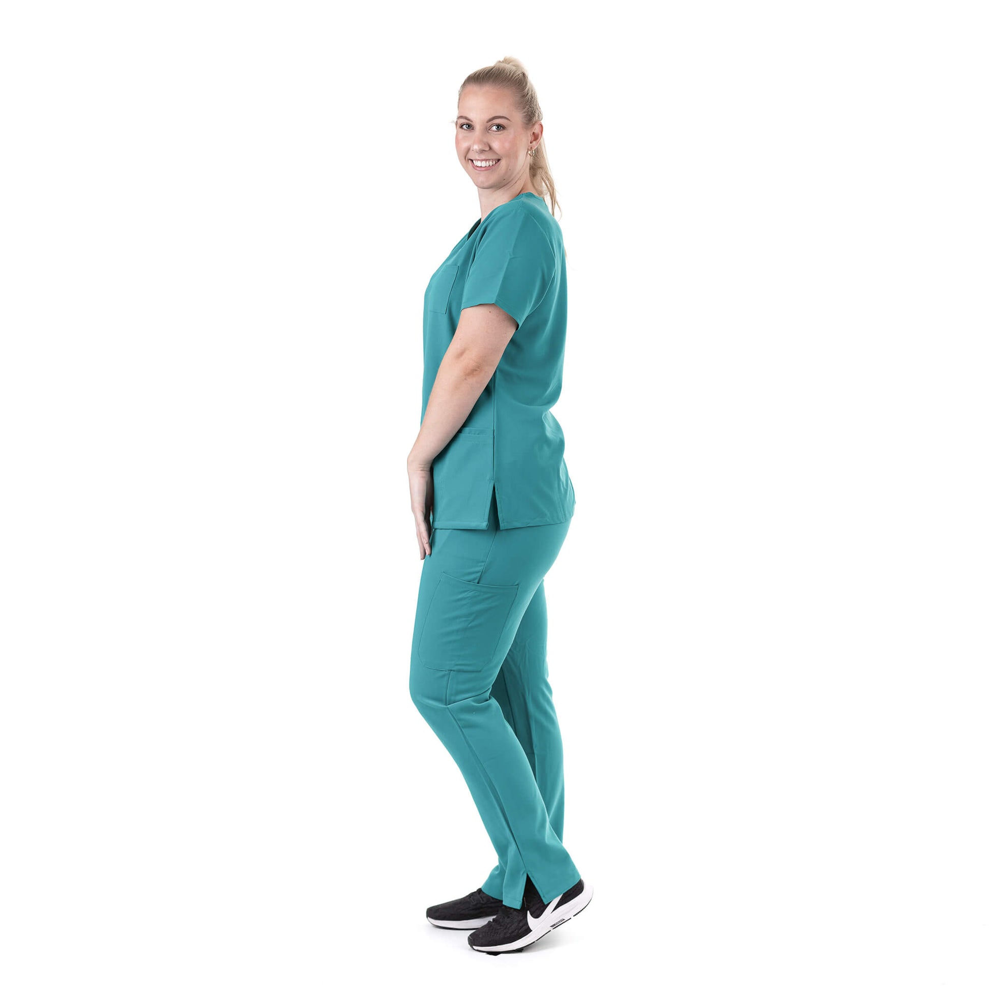 Nurse wearing Teal Medical Scrub Set from Fit Right Medical Scrubs