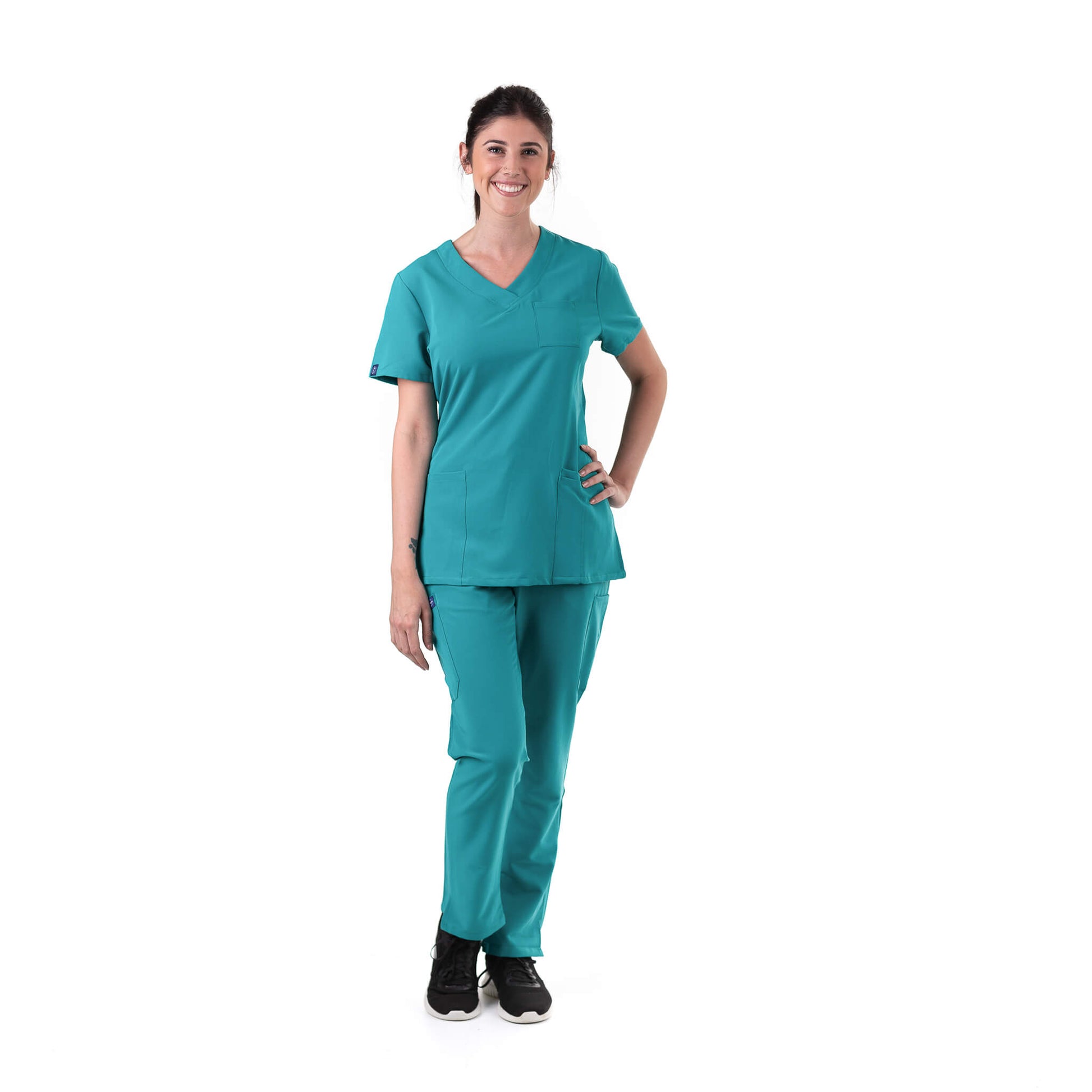 Nurse wearing Teal Medical Scrub Set from Fit Right Medical Scrubs